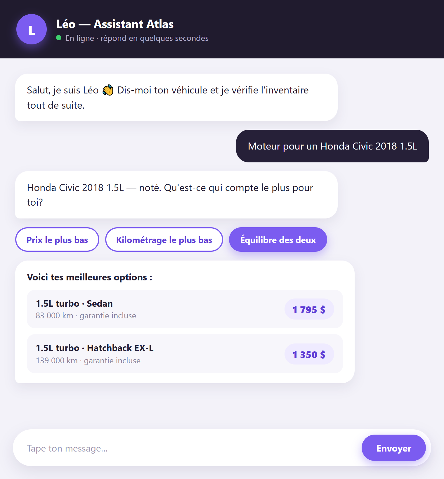Chatbot IA de vente qui répond aux questions d'inventaire avec options et prix