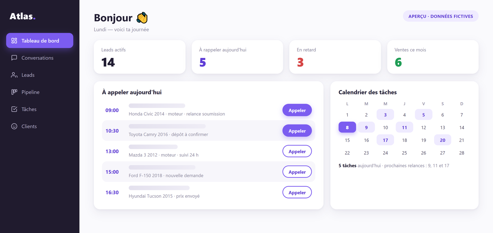 CRM sur mesure, tableau de bord vendeur avec appels du jour et calendrier de tâches